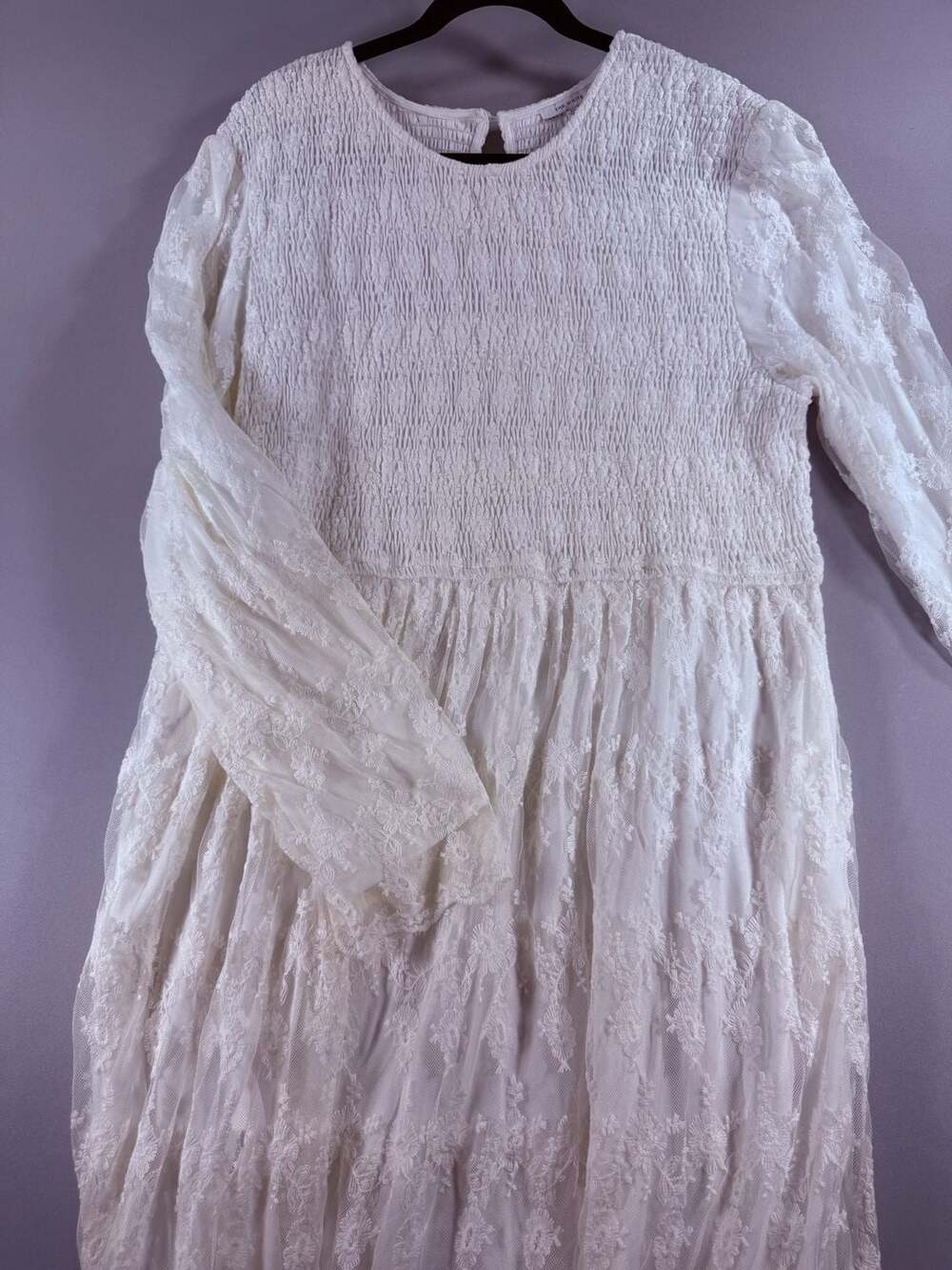 The White Long Sleeve Smocked Lace Maxi Dress 2X White LDS Temple dress Worn twi